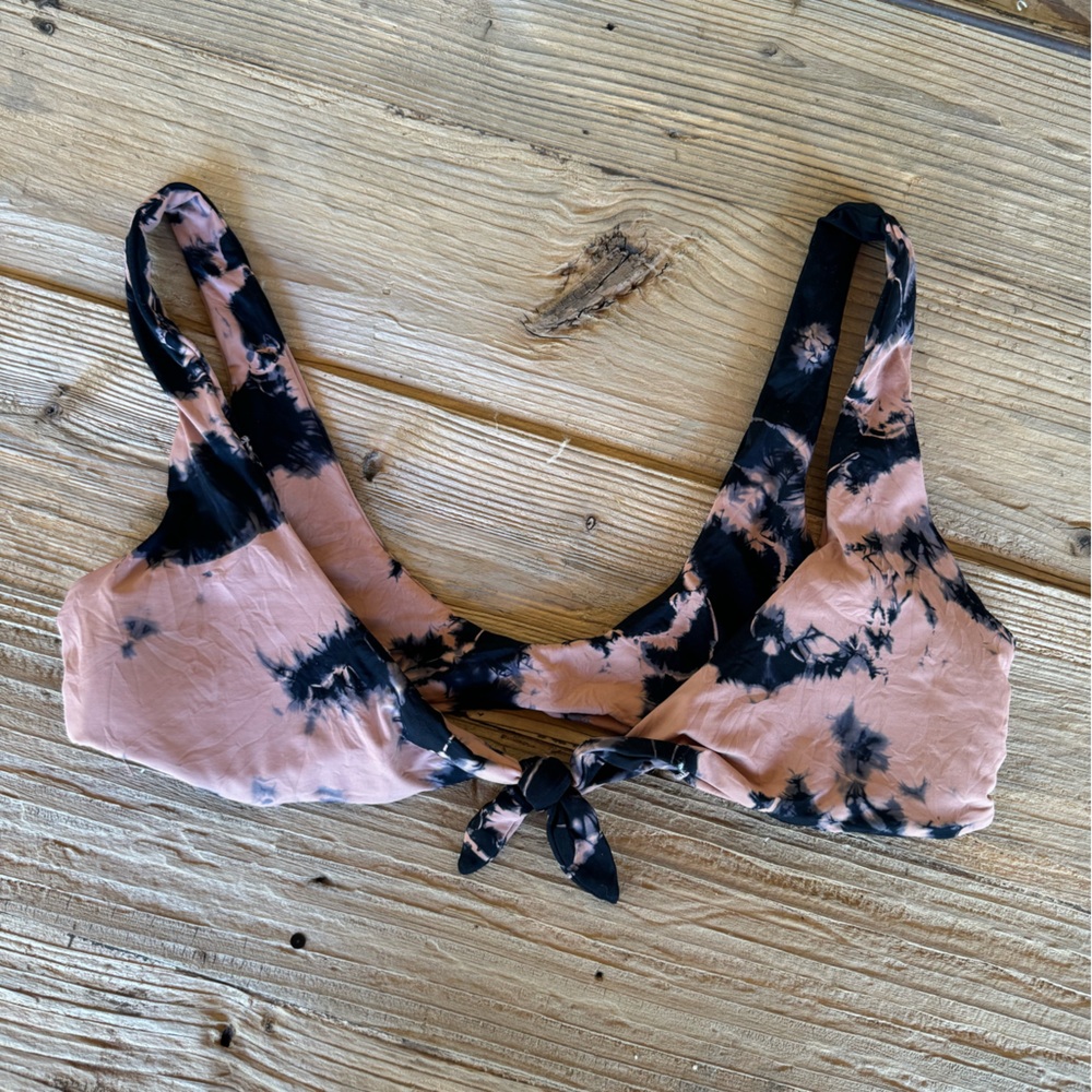 Tie die /tie front tan and black bathing suit top